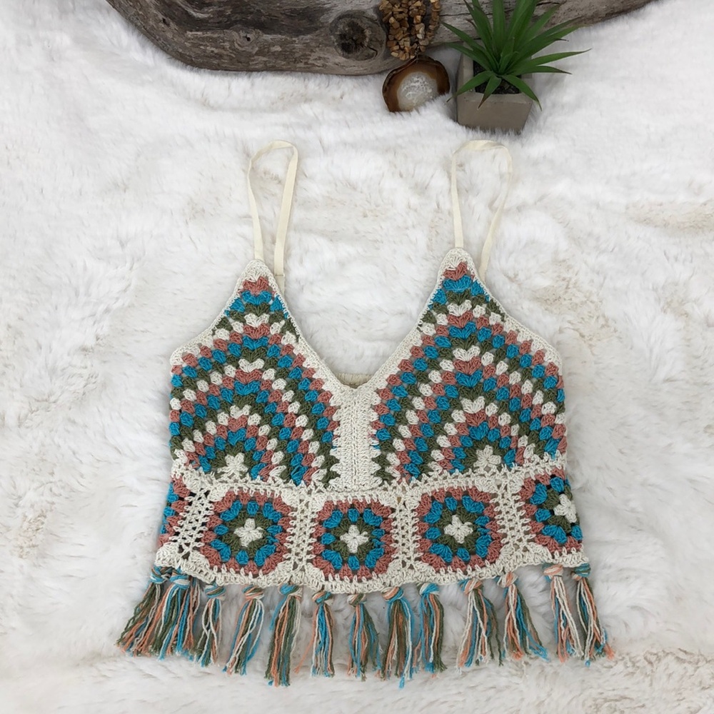 BOG Collective Boho Bohemian Crochet Crop Top Bralette Fringe Colorful Size XS